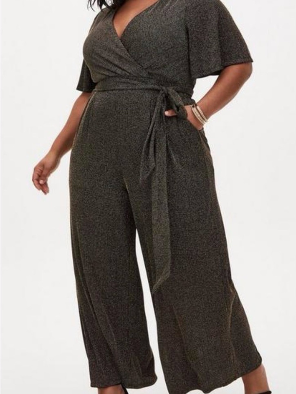 torrid Black Metallic Wrap-Front Wide Leg Jumpsuit